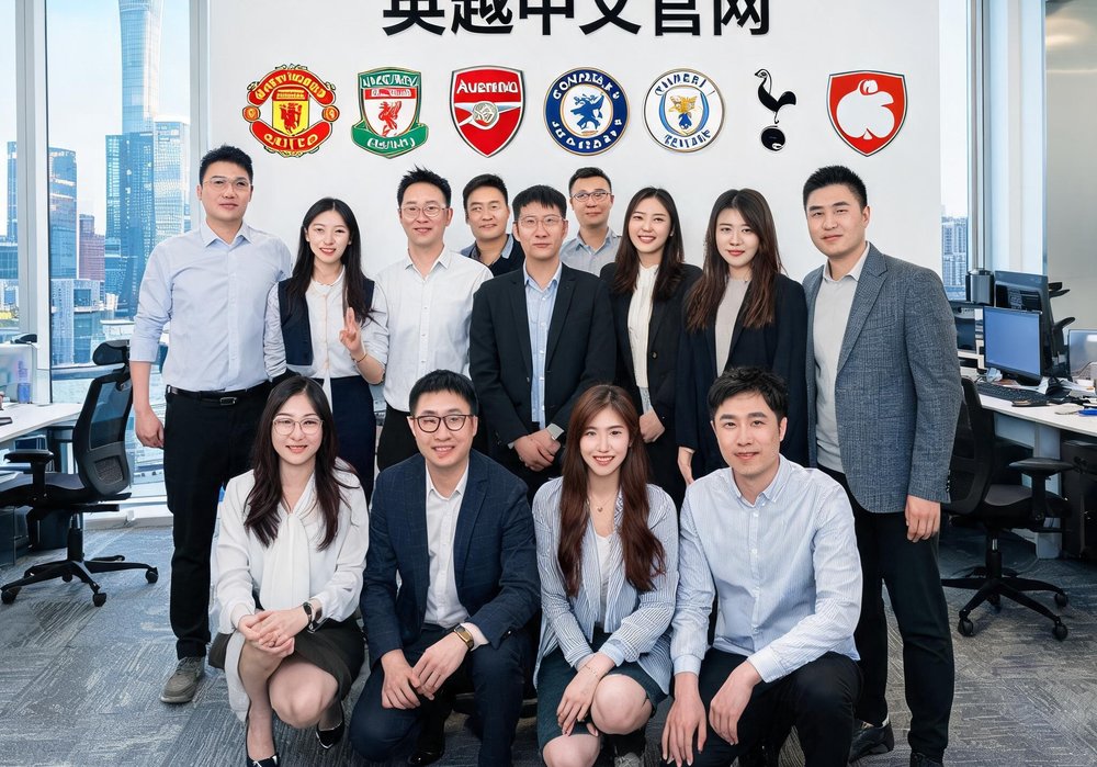 英超中文官网编辑与技术团队在北京办公室合影，背景墙上有英超各球队队徽
